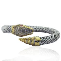 Bracciale rigido a serpente mm 8 snake in argento 925 rodiato e dorato con zirconi bianchi e rossi